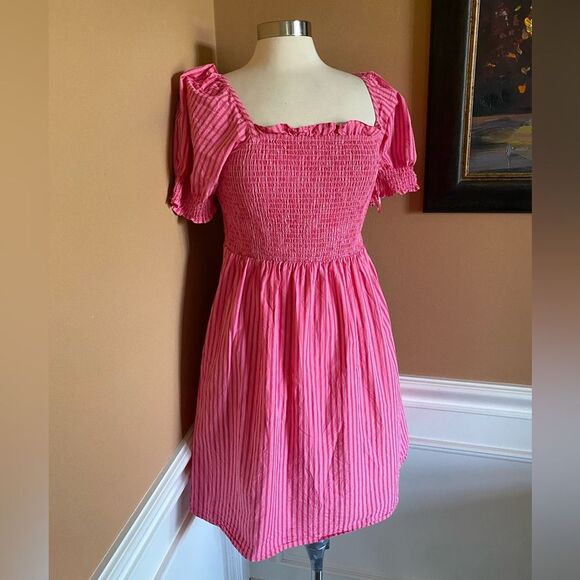 Draper James Smocked Bodice Pink Striped Summer Mini Dress M - Picture 5 of 9